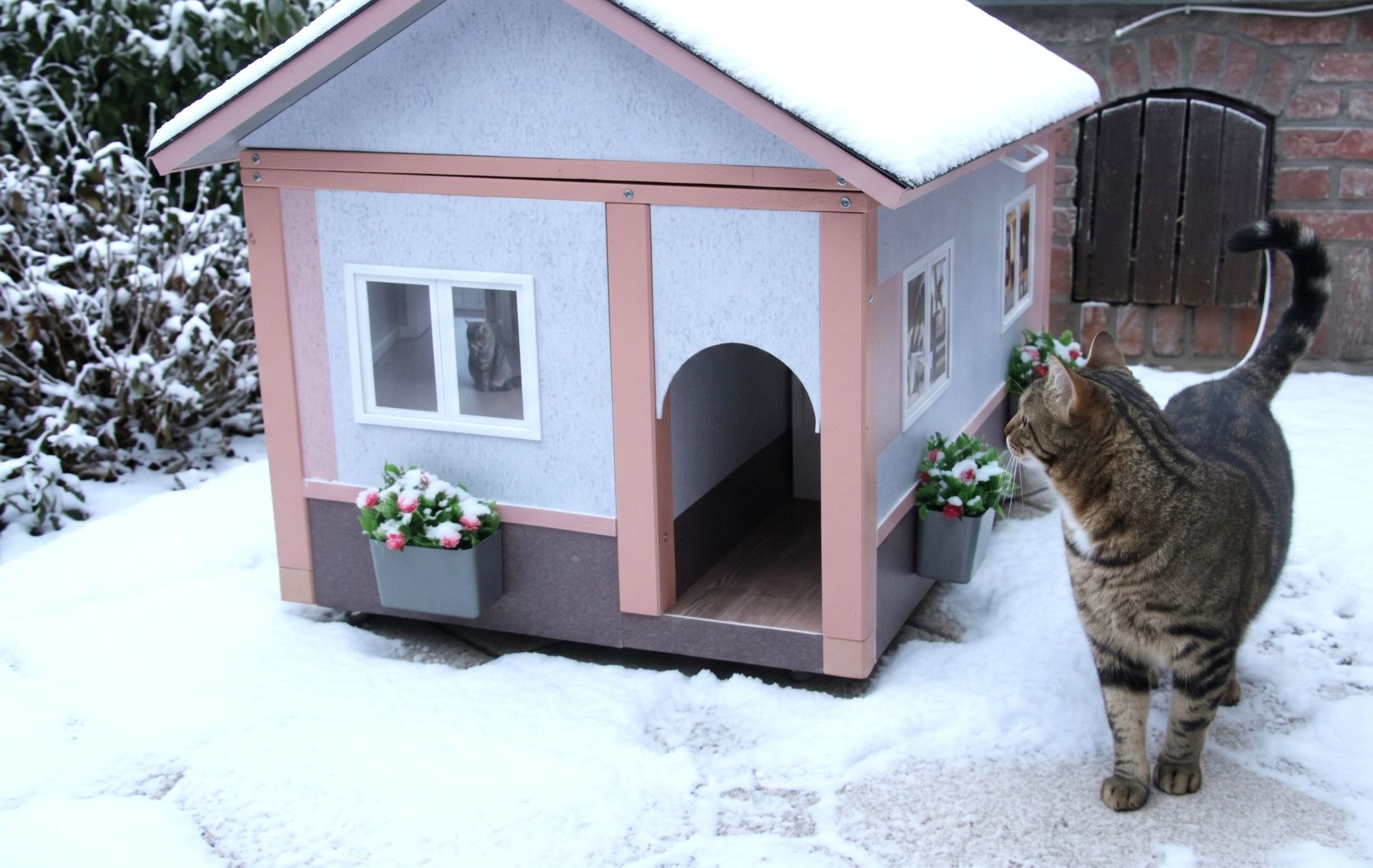 Maison AnimHouse sous la neige, avec le chat